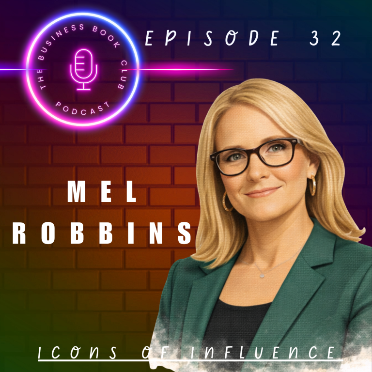 A professional woman in glasses, smiling, with a microphone graphic and episode title.