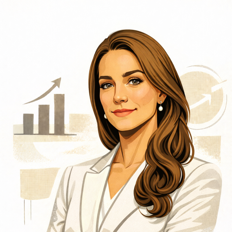 A confident woman in a blazer with a background of graphs and charts. Princess Cathrine AI generated.