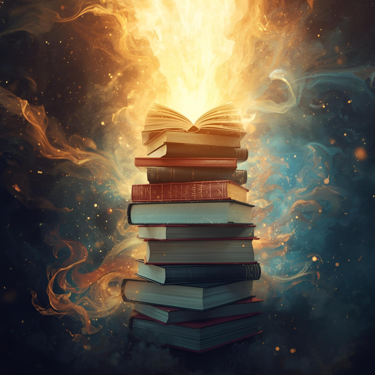 A stack of books with glowing energy emanating from the top.