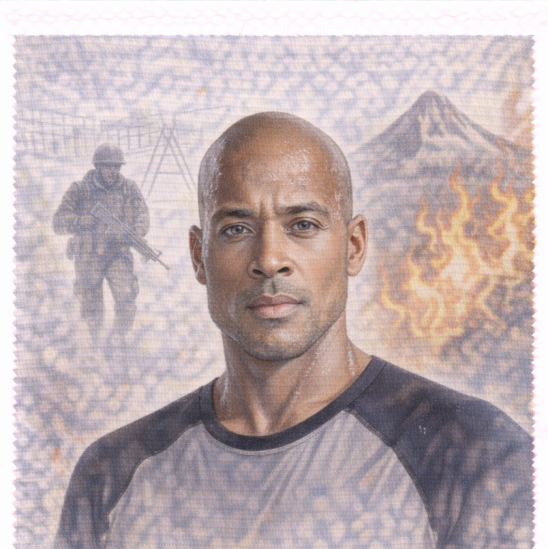 A close-up portrait of a bald man with a serious expression, wearing a grey shirt. David Goggins