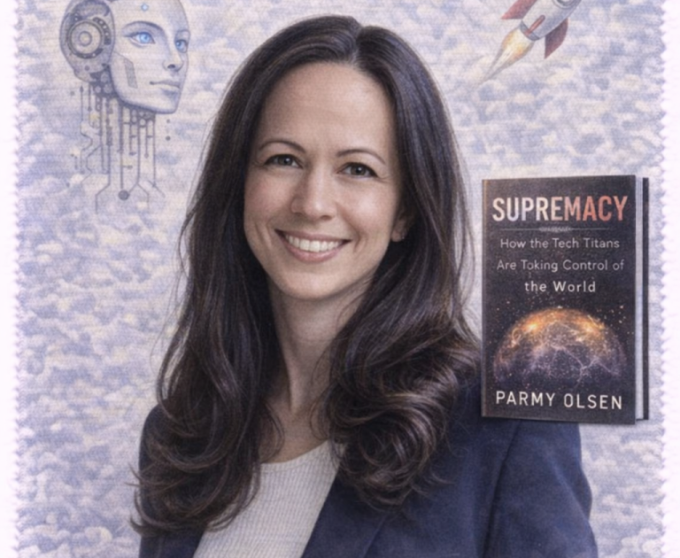 Woman with long dark hair, smiling, beside the book "Supremacy" by Perry Olsen.