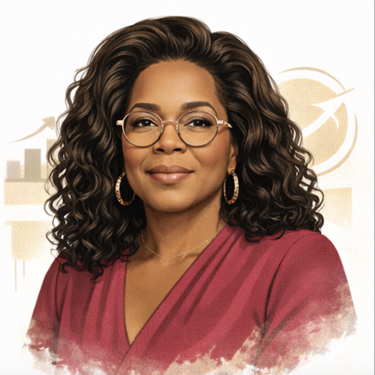 Portrait of a woman with curly hair and glasses, wearing a red top, smiling confidently.