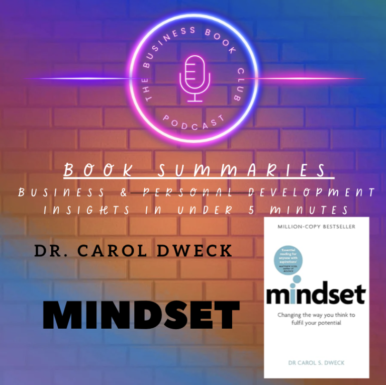 Colourful background with a microphone and book cover titled "Mindset" by Dr. Carol Dweck.