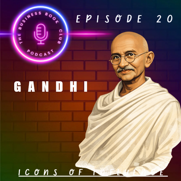 A portrait of Mahatma Gandhi with a microphone and podcast title background.