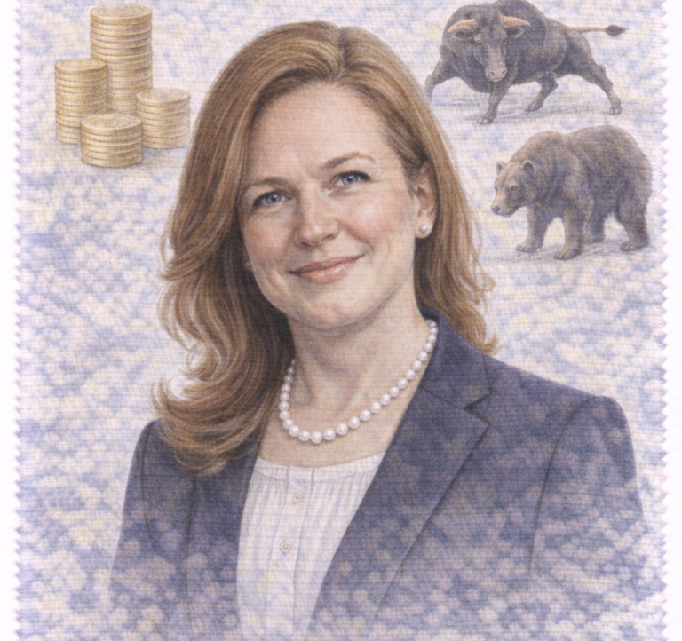 Professional woman in a blazer with coins and animals in the background.