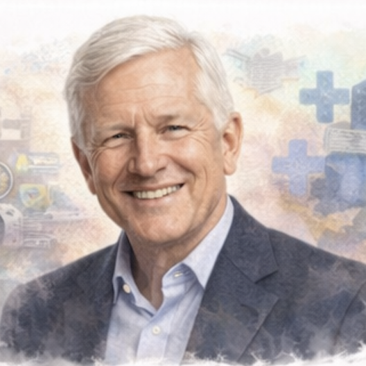 Smiling older man in a blazer against a soft, abstract background.