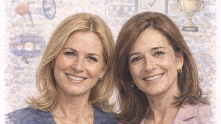 Two smiling women pose closely together, with a soft, illustrated background.