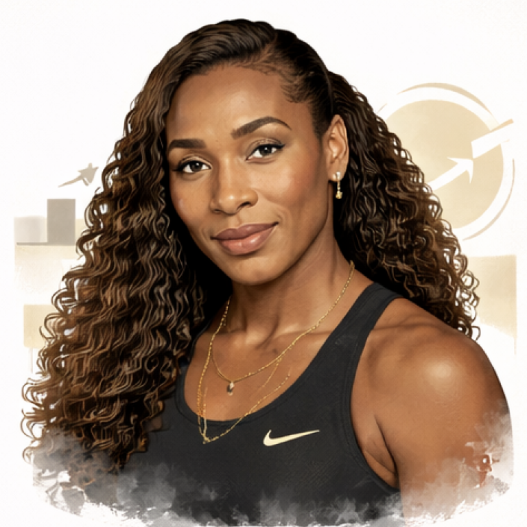 Athlete with curly hair wearing a black sports top, smiling confidently. AI serena Williams