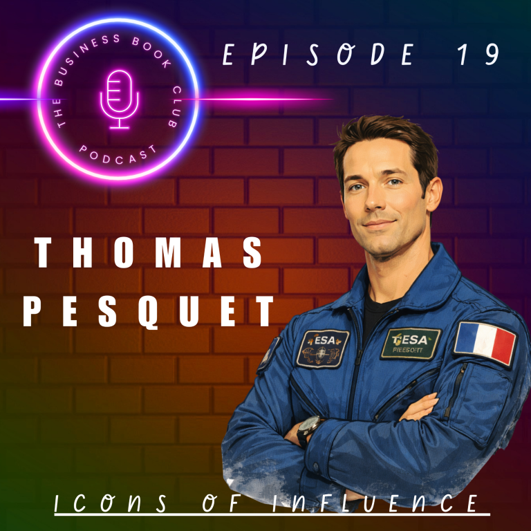 Portrait of Thomas Pesquet in a blue astronaut suit against a colourful background.