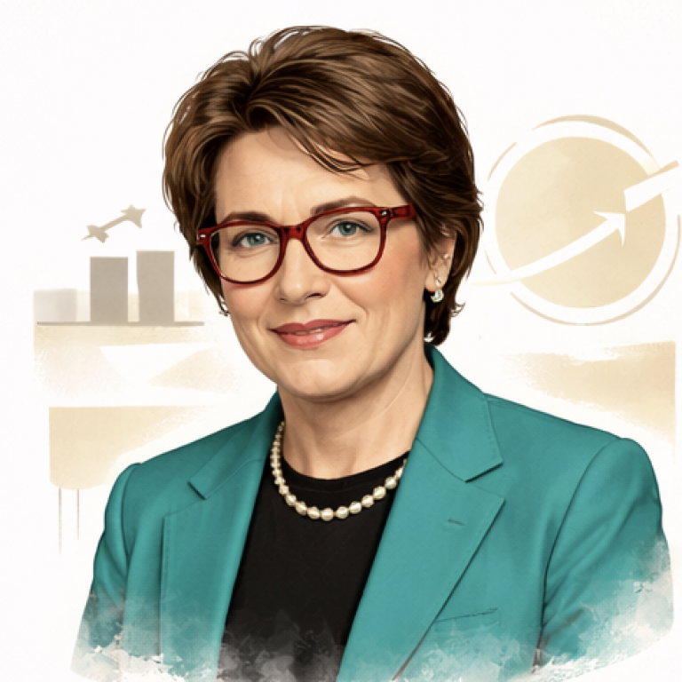 Portrait of a woman in a teal blazer and glasses, with a professional background. Billie Jean King AI generated