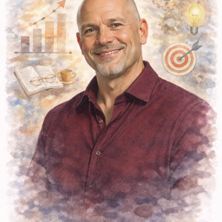 Smiling man in a burgundy shirt with charts and a target background.