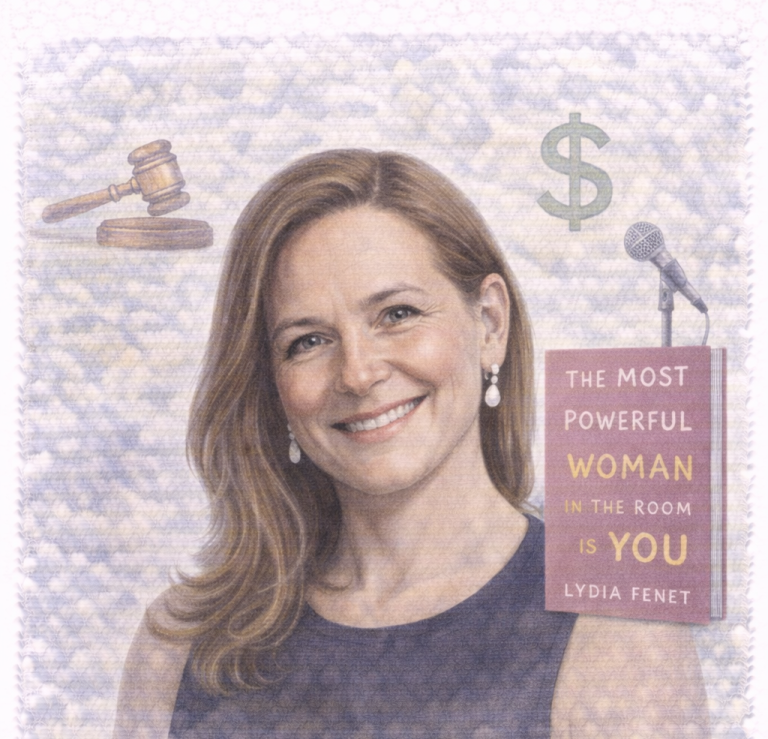 Portrait of a smiling woman with long hair, alongside symbols of law and finance.
