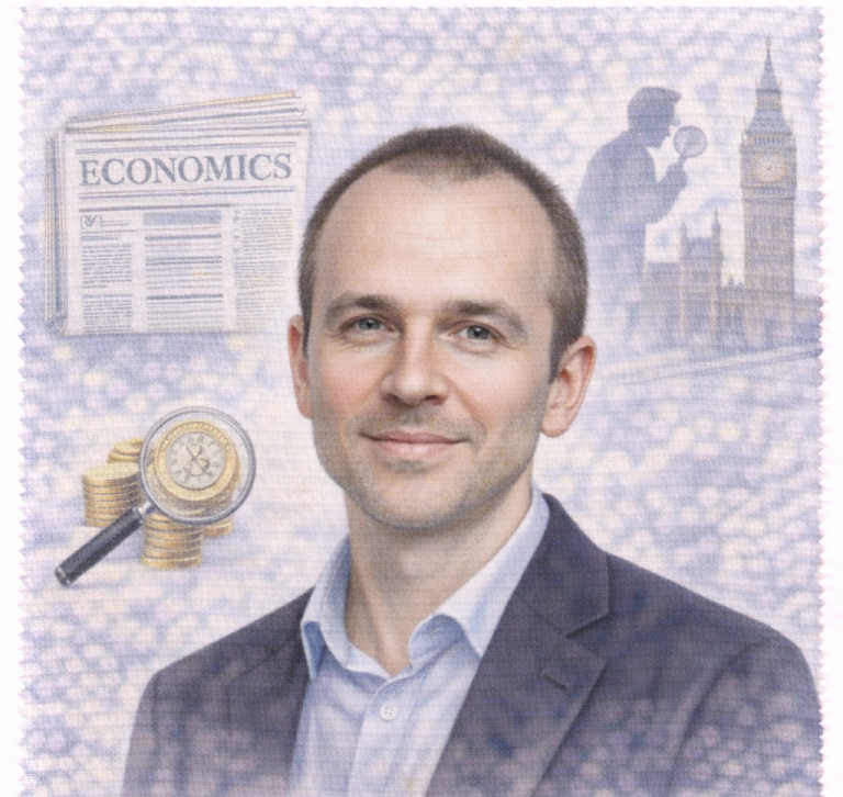 A man with glasses and a plaid shirt smiling against a dark background. Tim Harford