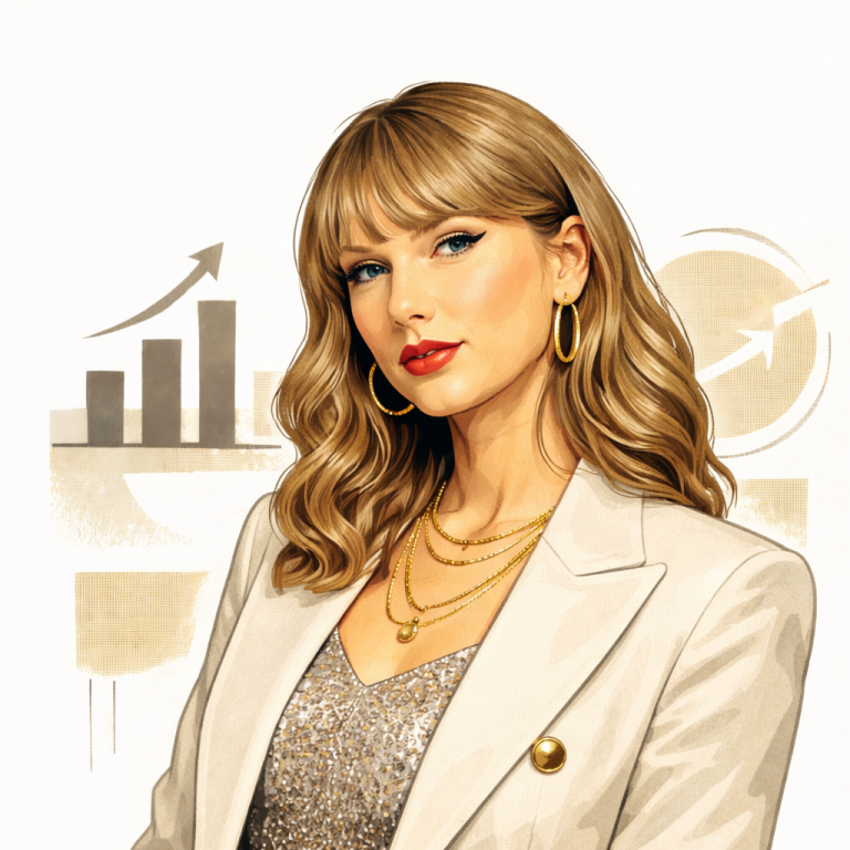 A smiling woman with wavy hair, red lipstick, and statement earrings at a formal event. Taylor Swift AI generated