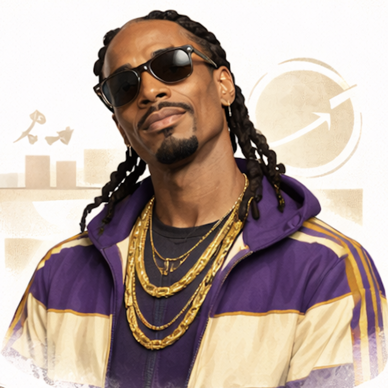 Man wearing sunglasses and a purple tracksuit, adorned with multiple gold chains. Snoop Dogg AI generated.