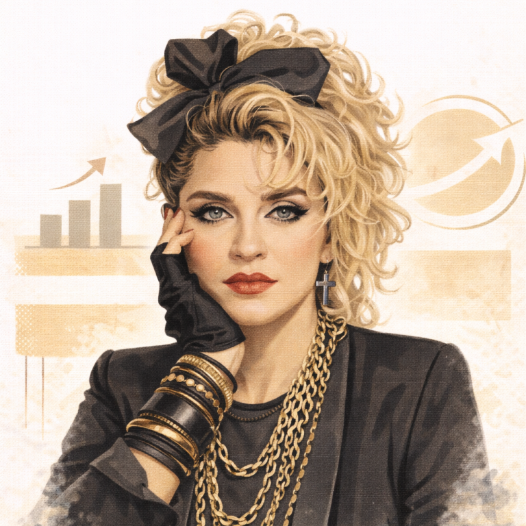 A stylish woman with curly hair and a bow, wearing layered jewellery and a black outfit. Madonna AI generated.