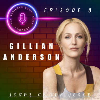 Gillian Anderson featured in a podcast promotional graphic with vibrant background.