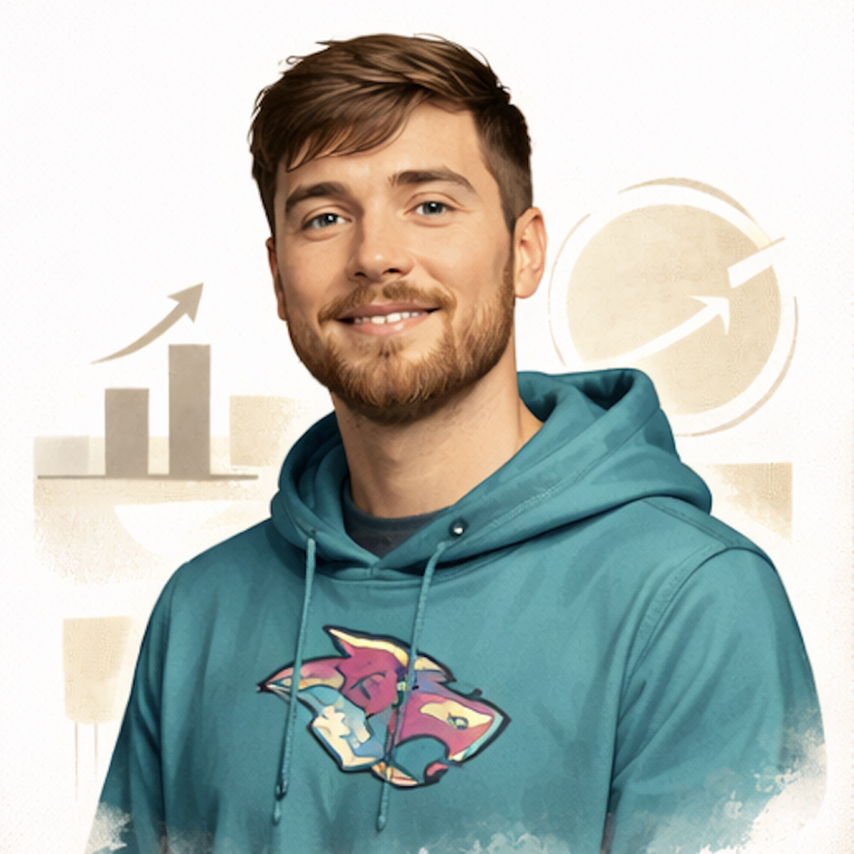 Young man with a beard wearing a turquoise hoodie, smiling against a business-themed background. Mr Beast AI generated.