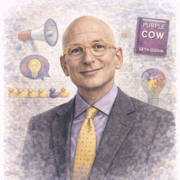 A smiling man in a suit with glasses, surrounded by marketing symbols and book covers.