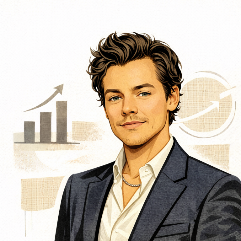 A stylish man in a suit with a confident expression against a growth chart background. tousled hair - ai generated Harry Styles