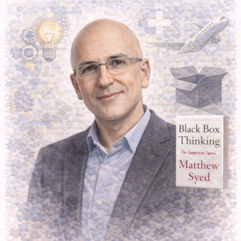 Portrait of a man in a suit, with elements representing innovation and the book "Black Box Thinking."