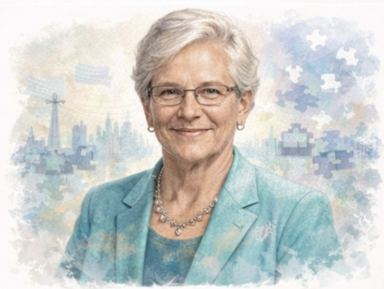 Portrait of a woman with glasses, smiling, wearing a turquoise blazer against a soft background.