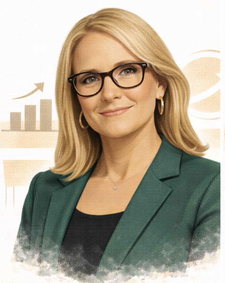 Professional woman with long blonde hair, glasses, and a green blazer.