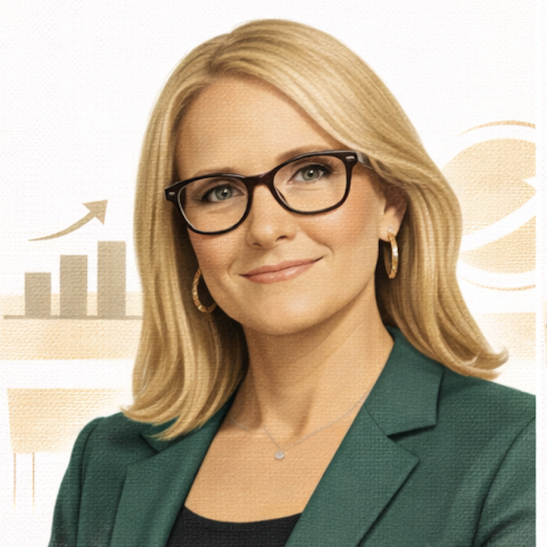 Woman with blonde hair and glasses, wearing a green blazer, smiling confidently. Mel Robbins - AI generated