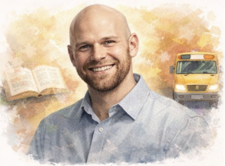 Male smiling with a book and a school bus in the background.