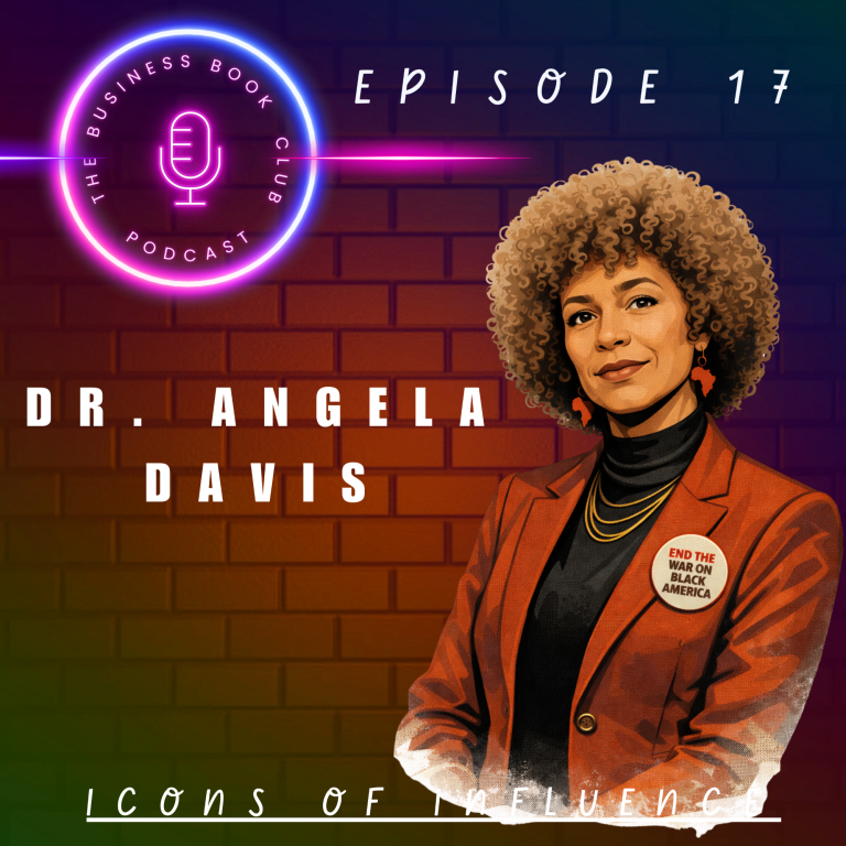 Dr. Angela Davis stands confidently, wearing a red blazer and a badge, with a microphone graphic.