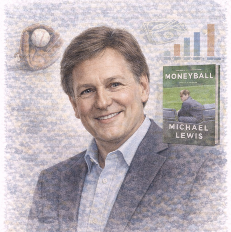 Portrait of Michael Lewis, author of "Moneyball," smiling in a casual blazer.