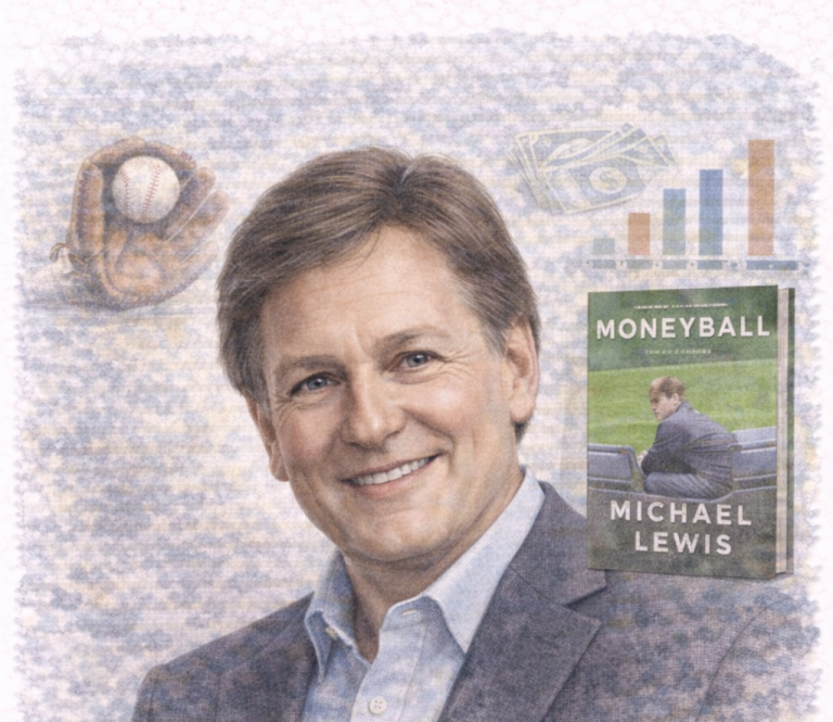 Portrait of Michael Lewis with a baseball, money, and a graph in the background.