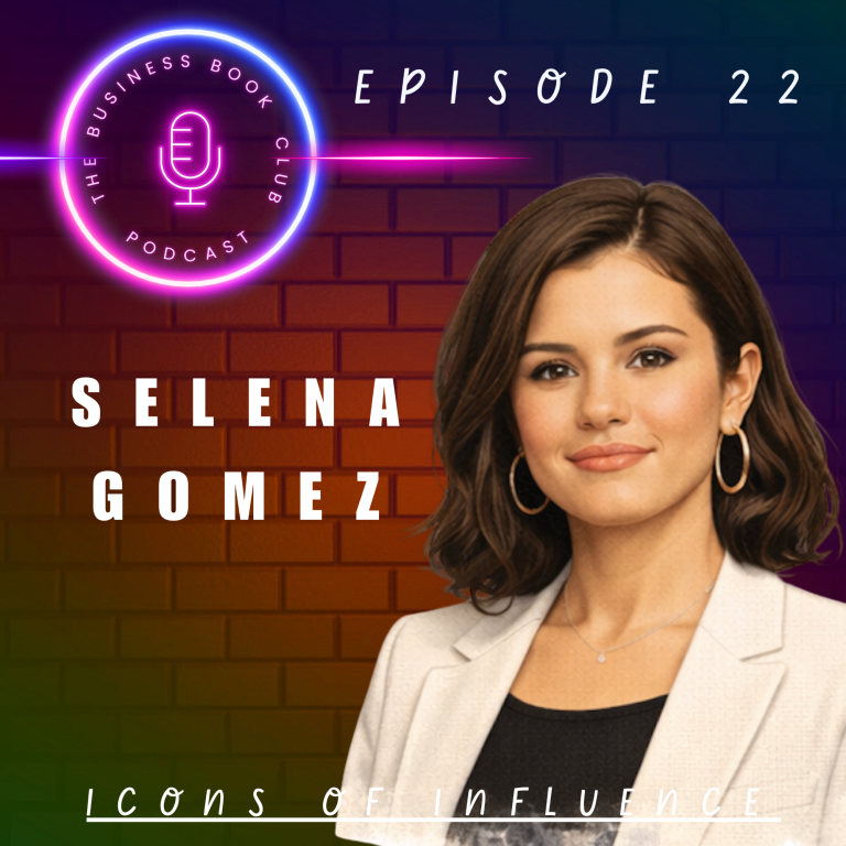 Selena Gomez smiling, wearing a light-coloured blazer, with a microphone graphic in the background.