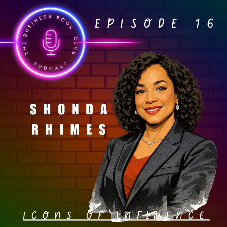 Portrait of Shonda Rhimes against a brick background, with podcast details and a microphone icon.
