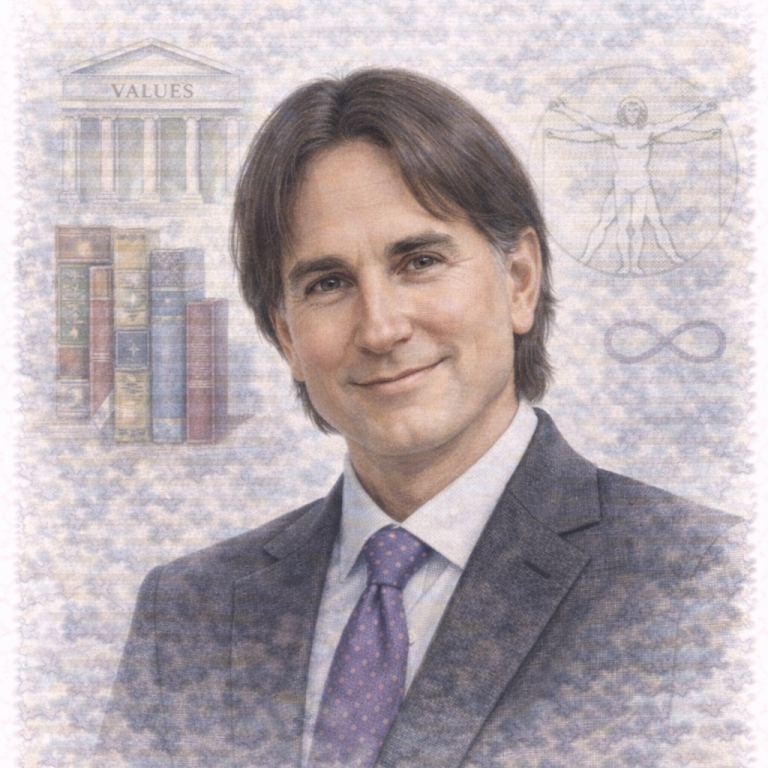 Professional man in a suit with a soft background of books and symbols of learning.