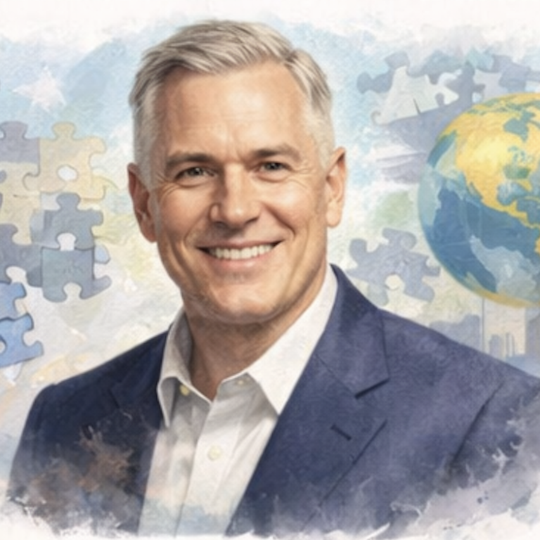 Smiling man in a suit with a world map and puzzle pieces in the background.
