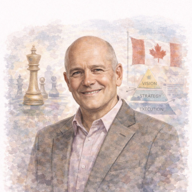 A smiling man in a blazer with chess pieces and a Canadian flag in the background.