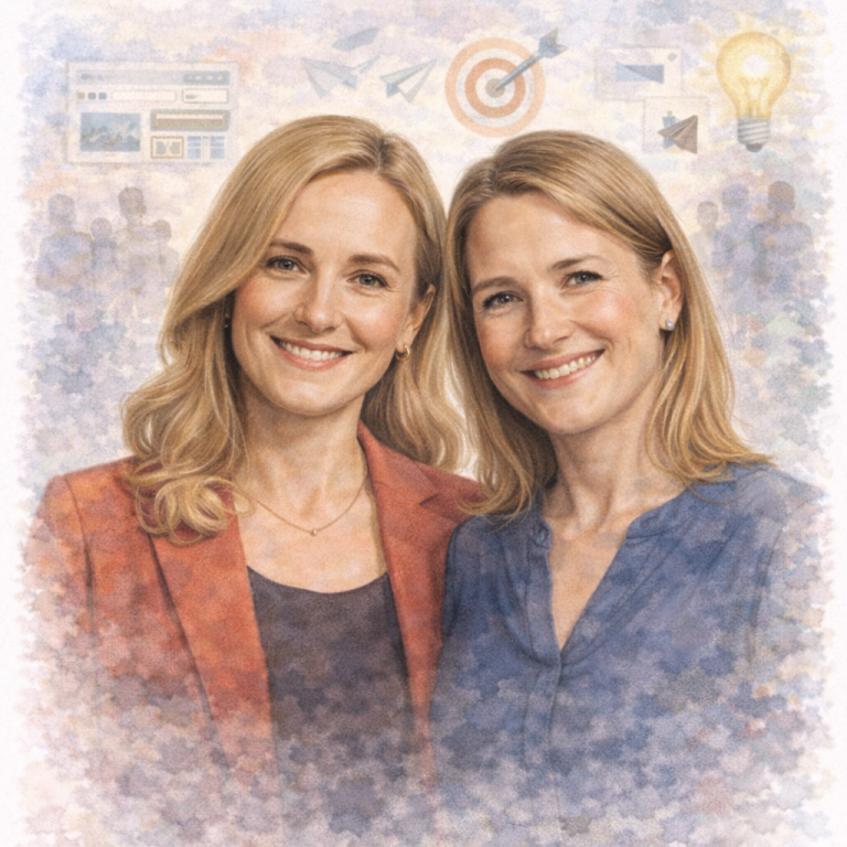 Two smiling women stand together, wearing smart casual attire, against a soft, illustrated background.