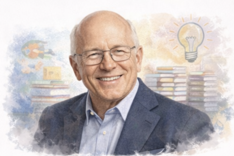 Smiling older man with glasses, surrounded by books and a light bulb illustration.