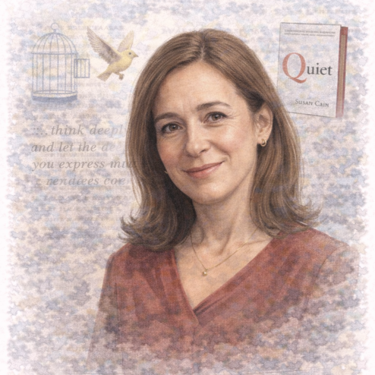 Portrait of a woman with long brown hair, smiling, with a birdcage and book in the background.