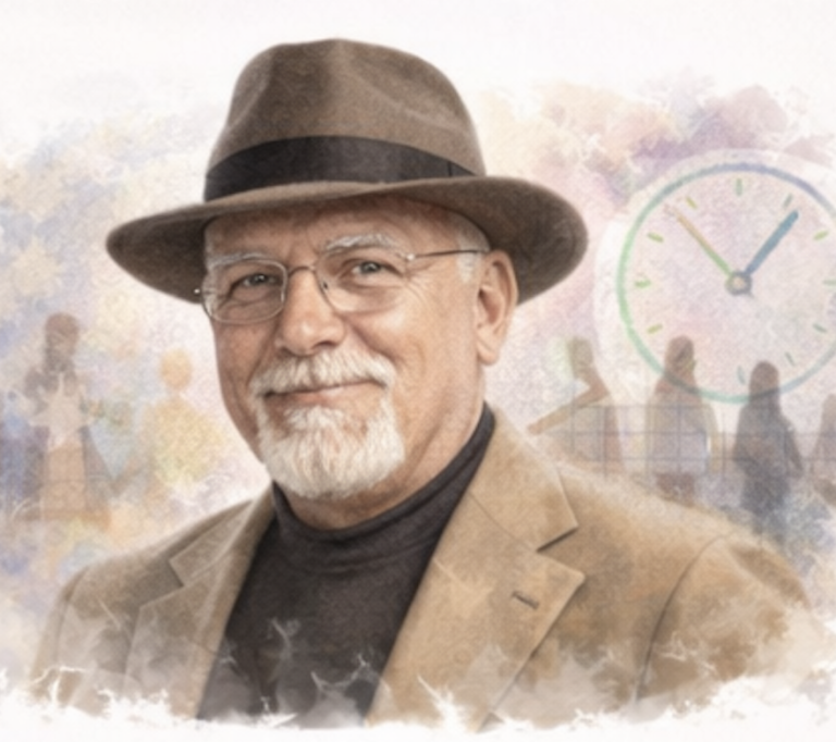 Middle-aged man with a hat and glasses. AI generated image representing Michael Gerber.