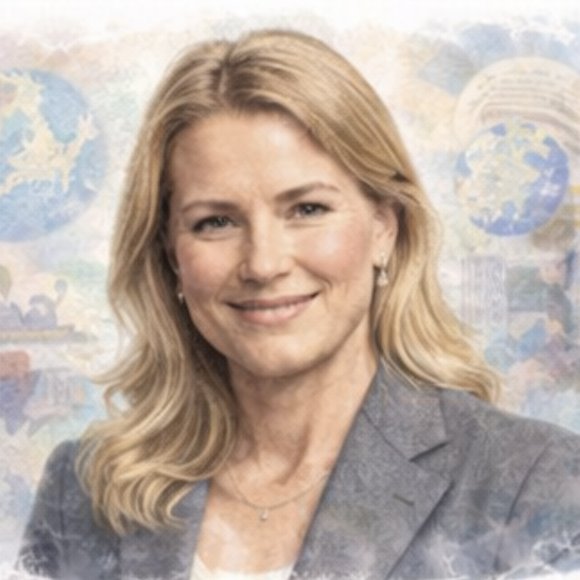 A smiling woman with long wavy hair, wearing a grey blazer, against a colourful background.