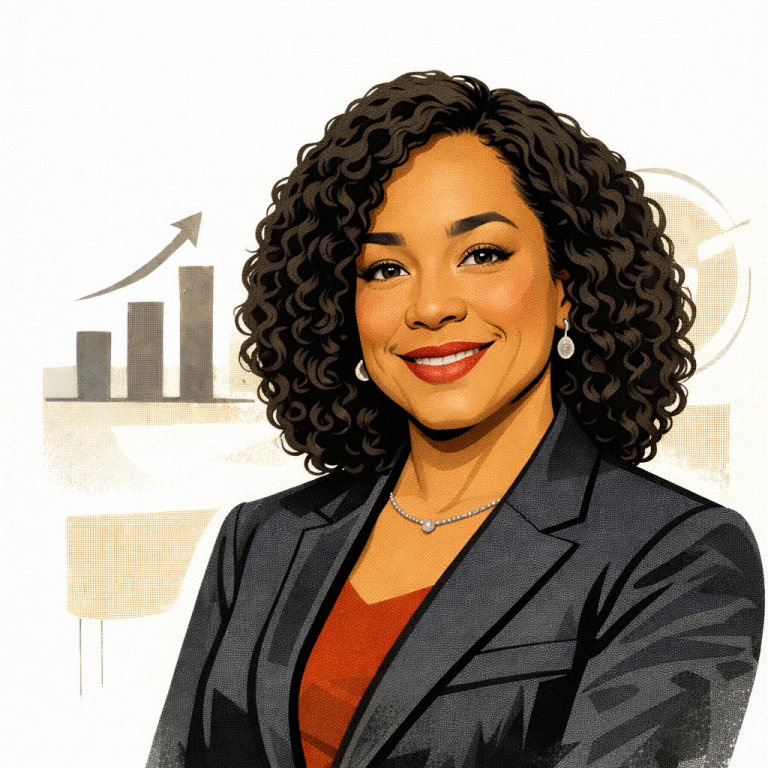 Professional Black woman in a business suit, smiling, with a background showing growth charts. Shonda Rhimes AI Generated
