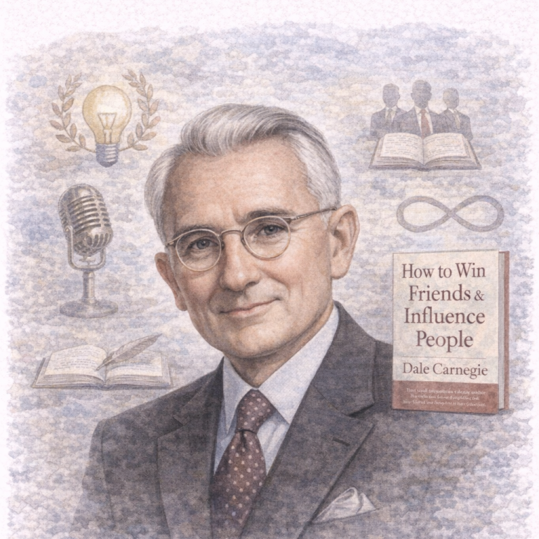 Portrait of Dale Carnegie, author of "How to Win Friends and Influence People," with related icons.