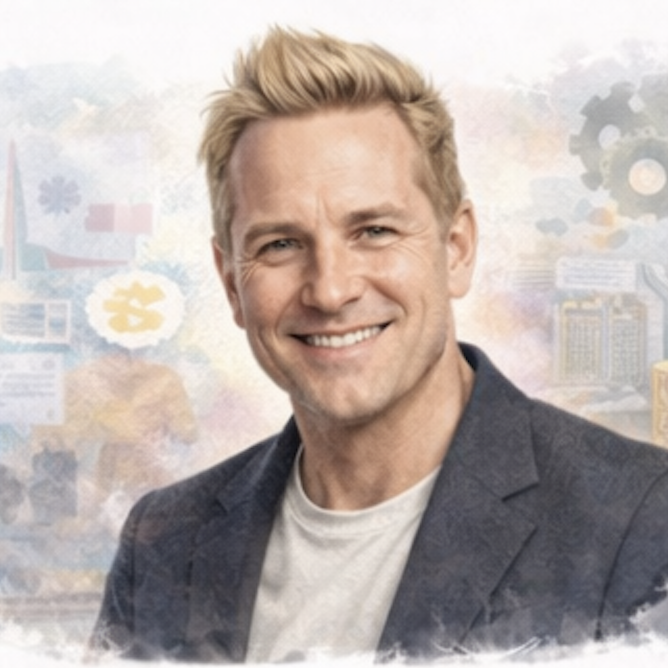 Smiling man with blonde hair in a casual outfit, set against a blurred background.