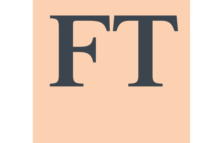 Logo of the Financial Times in grey text on a peach background.