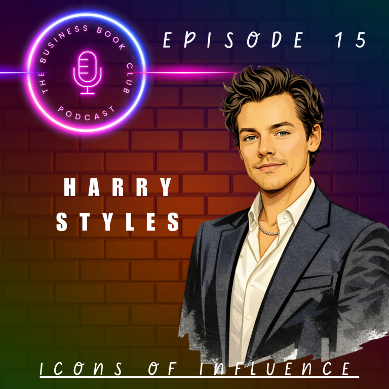 A portrait of a man in a suit, featuring text about a podcast episode with Harry Styles.