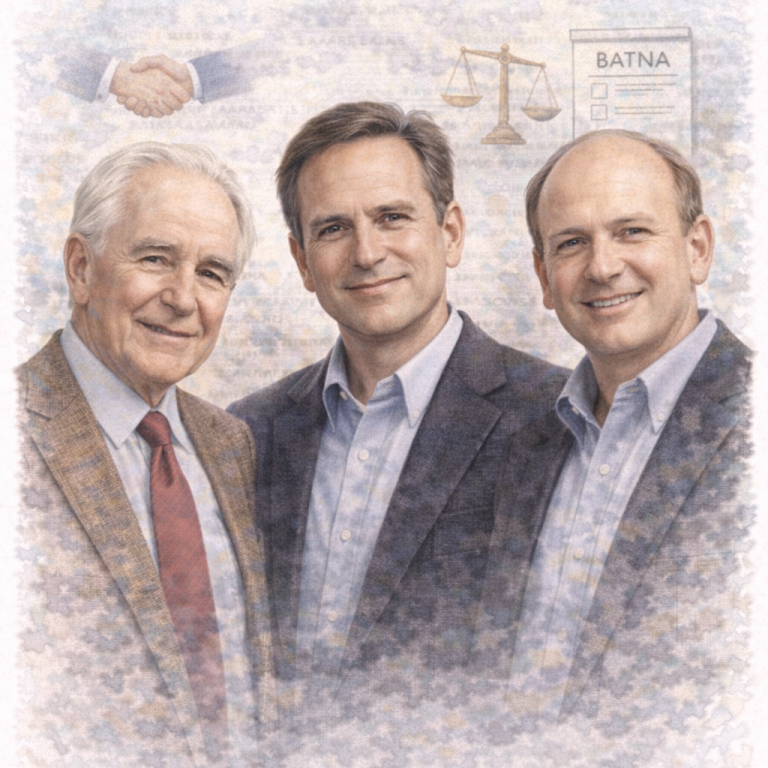 Three men in formal attire smiling, standing together against a light background.