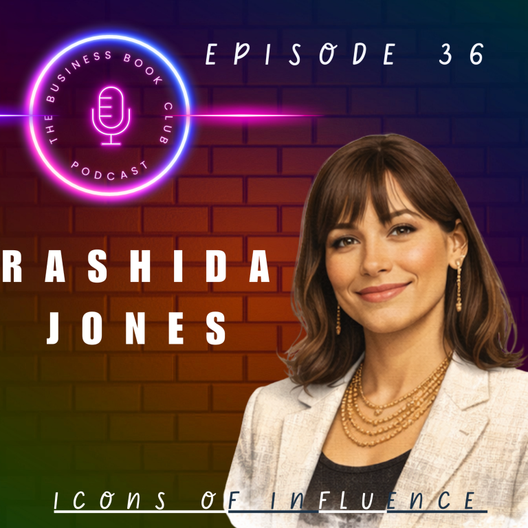 Woman in a blazer with layered necklaces, smiling against a colourful background with a microphone graphic.