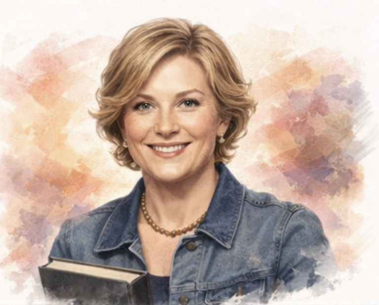 Smiling woman with short blond hair holding a book, dressed in a denim jacket.